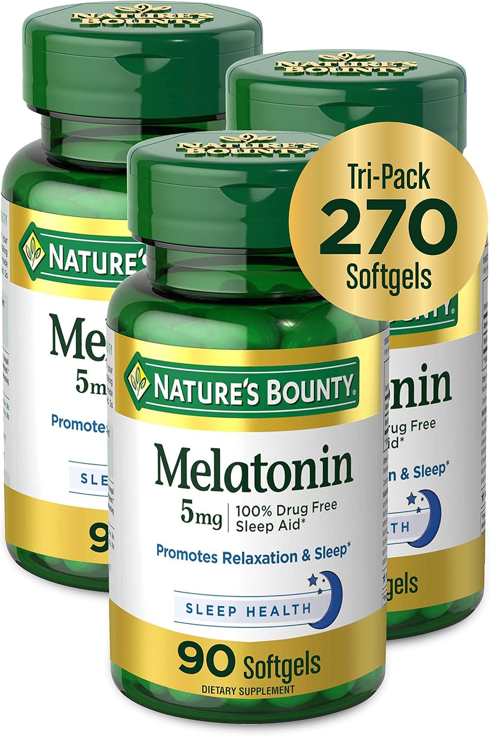 Nature's Bounty Melatonin 100% Drug Free Sleep Aid, Dietary Supplement, Promotes Relaxation and Sleep Health, 5 mg, 90 Count, Pack of 3