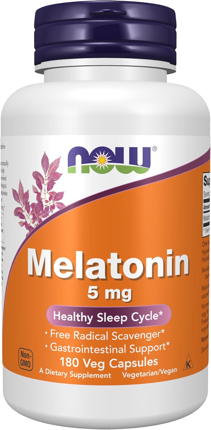 NOW Supplements, Melatonin 5 mg, Healthy Sleep Cycle*, 180 Veg Caps