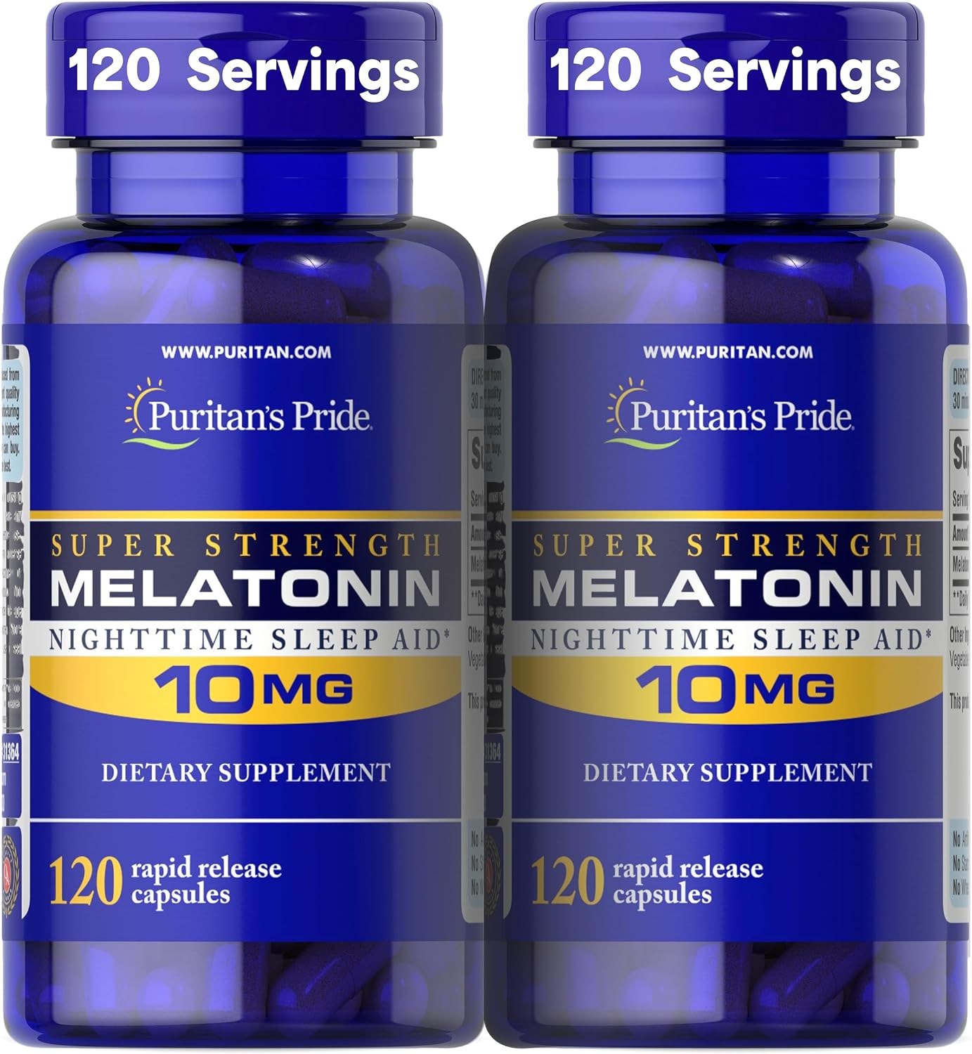 Puritan's Pride Premium Super Strength Melatonin 10mg Sleep Aid, Dietary Supplement for Sound, Restful, & Longer Sleep Support, 4 Month Supply, 120 Rapid Release Capsules, 2 Pack (Packaging May Vary)