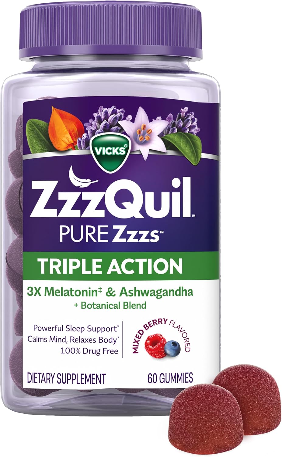 ZzzQuil PURE Zzzs Triple Action, Melatonin Gummies, Melatonin 6mg, 3X Melatonin, Sleep Aid with Ashwagandha, Calm Mood, Antioxidant Action, Sleep Aids for Adults, 60 Sleep Gummies packaging