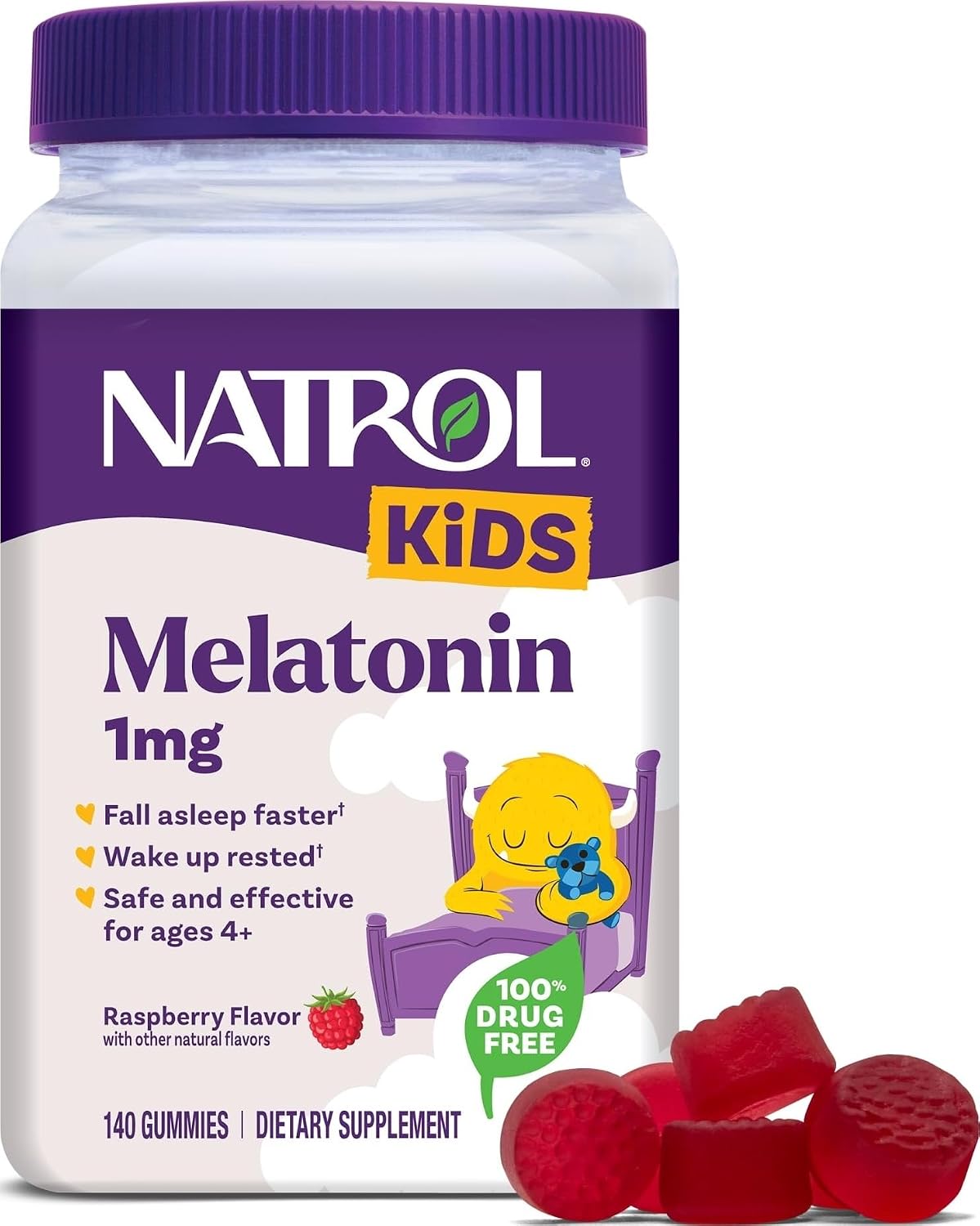 Natrol Kids Melatonin Gummies 1mg, Restful Sleep, 140 Raspberry Gummies