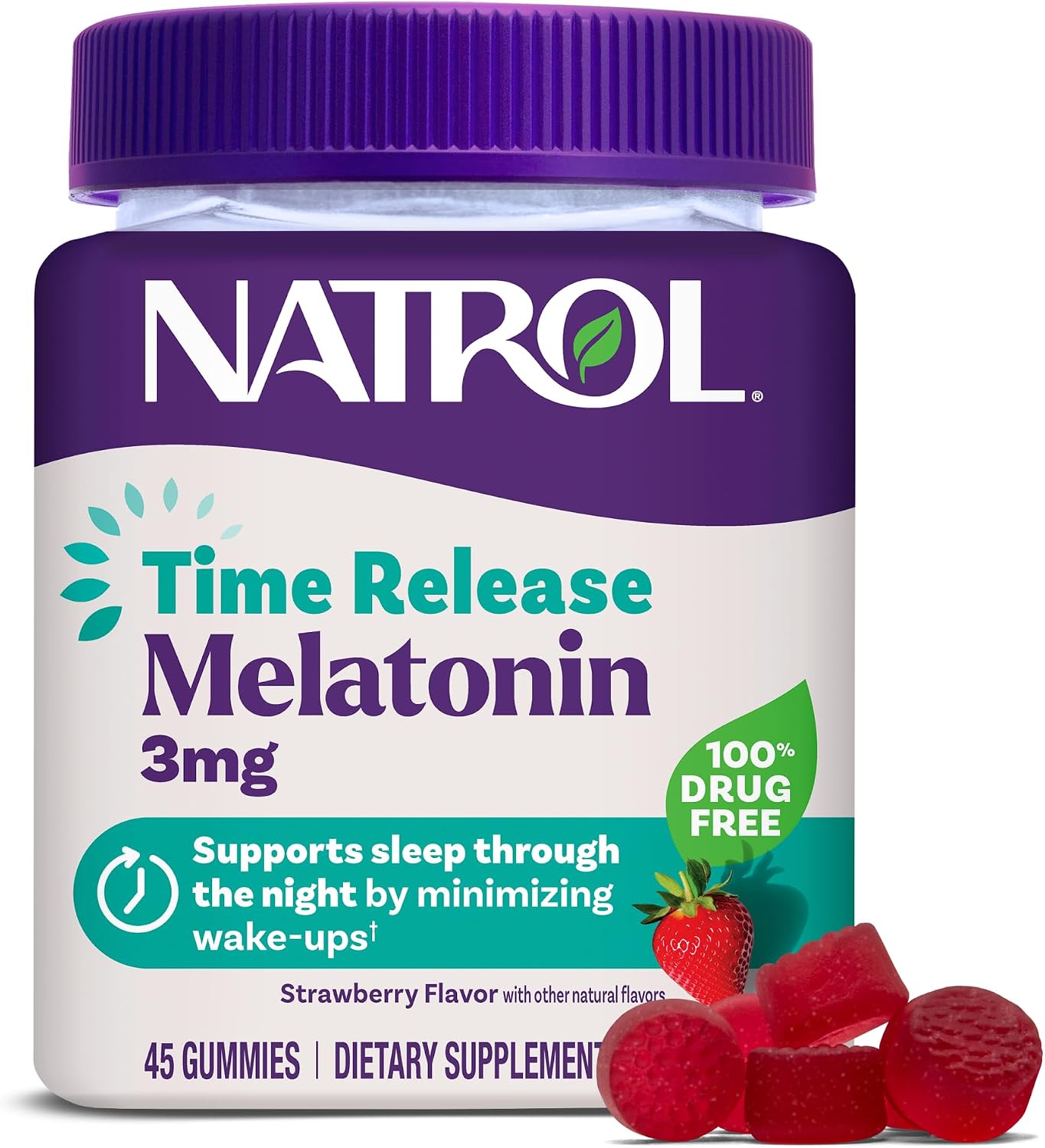 Natrol Time Release 3 mg Melatonin Gummies, Sleep Aid, Strawberry, 45 Count | Dietary Supplement to Minimize Wake Ups, 100% Drug-Free, Non-Habit Forming, For Occasional Sleeplessness, 45 Day Supply
