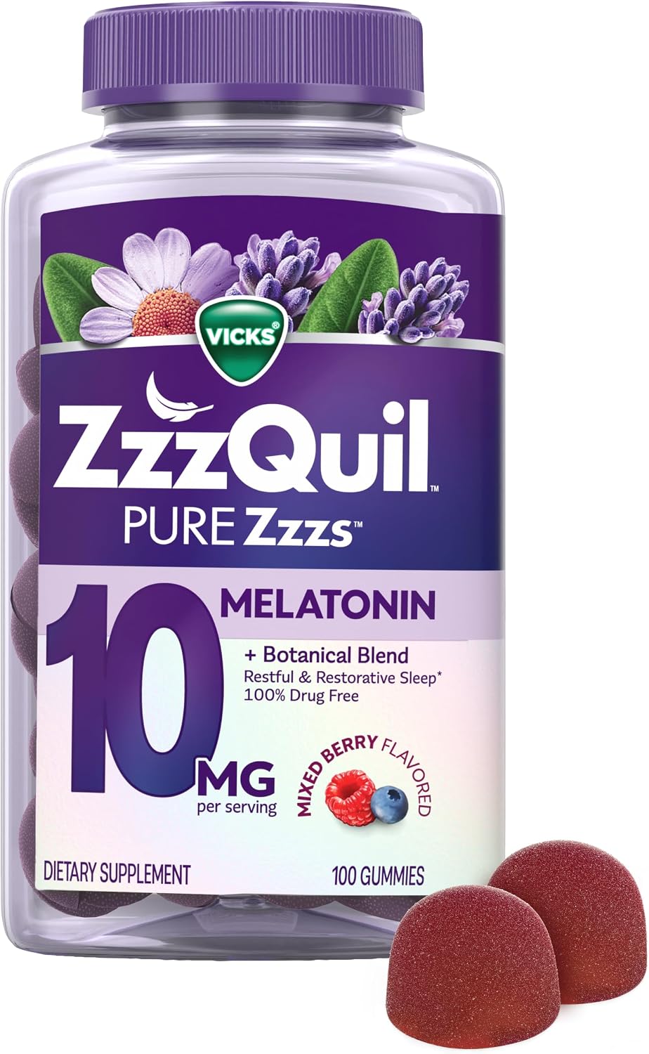 ZzzQuil Pure Zzzs Advanced Melatonin Gummies, Melatonin 10mg, Sleep Aid, with Chamomile & Lavender, Melatonin Sleep Gummies, Sleep Aids for Adults, Berry Flavored, 100 Sleep Gummies