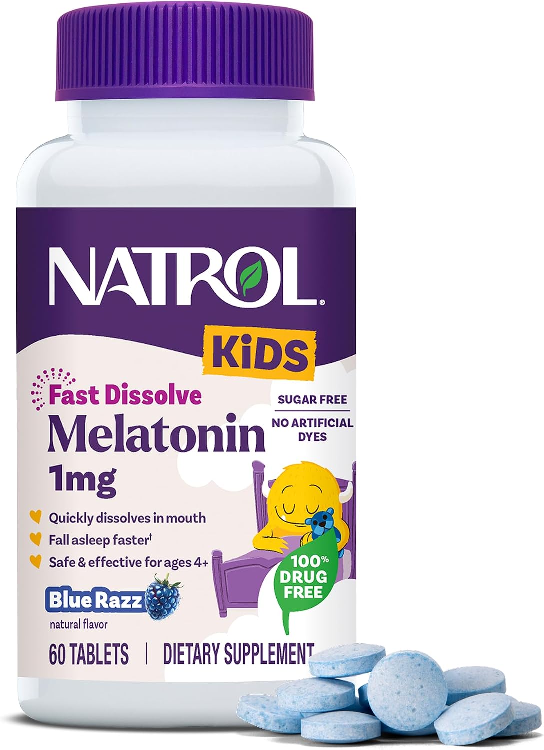 Natrol Kids Fast Dissolve Melatonin 1 mg, Sleep Aid, Blue-Razz, 60 Tablets