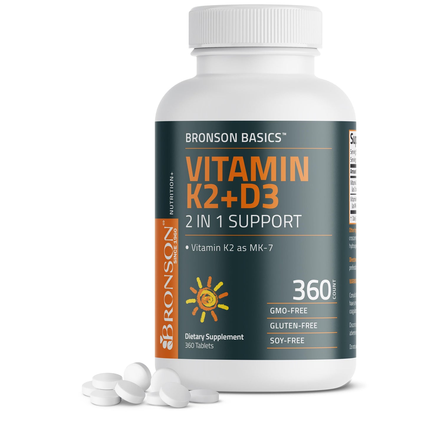 Bronson Basics Vitamin K2 Plus D3 (MK7), 360 tablets packaging