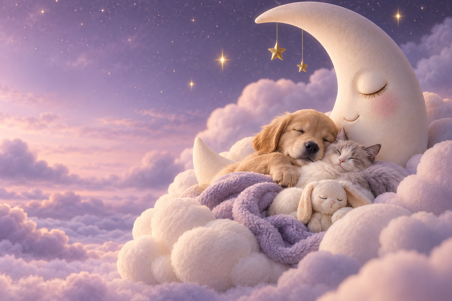 A crescent moon resting among soft clouds