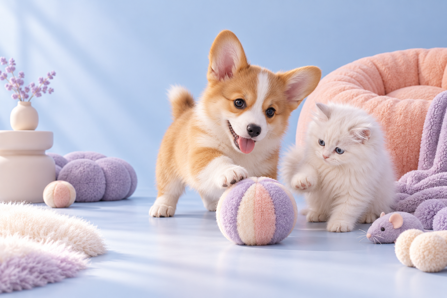 A cheerful corgi and white kitten beside pastel toys