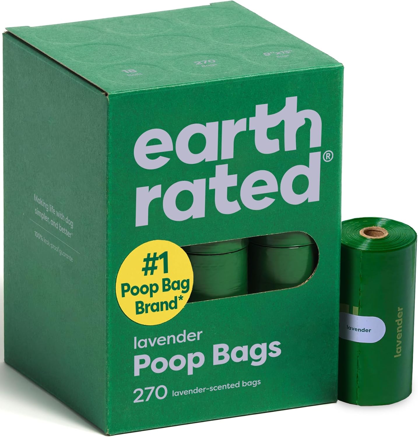 Earth Rated Dog Poop Bags — Lavender, 270 bags / 18 refill rolls packaging