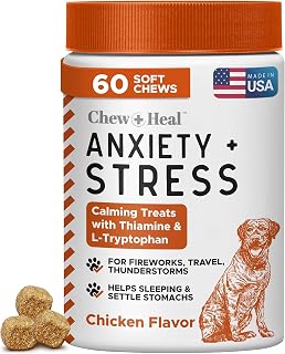 Calming Chews for Dogs - 60 Anxiety Relief Treats for Fireworks, Thunder, and Storms - Natural Dog Calming Treats for Large and Small Breeds with Thiamine, L-Tryptophan, Ginger, and Melatonin