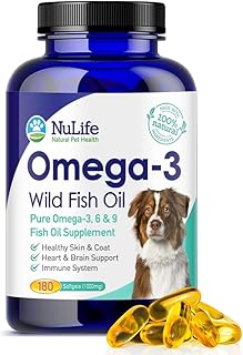 Pure Omega 3 Fish Oil for Dogs, Wild Caught from Iceland, Skin and Coat Supplement for Shedding, Dry Itchy Skin and Allergies, Rich in EPA + DHA with Omega 3, 6 & 9 Fatty Acids, 1000mg, 180 Capsules