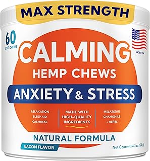 Advanced Calming Chews for Dogs - Hemp Treat + Melatonin + Valerian - Relaxing Bites - Calming Care - Stress Relief - Made in USA - Calm, Sleep Aid, Storms - 60Ct