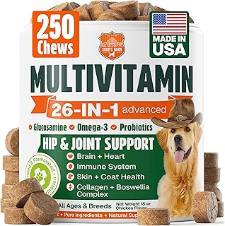 Dog Vitamins and Supplements 250 Chews - 26 in 1 Dog Multivitamin Soft Chews with Glucosamine, Chondroitin, Probiotics, Omega 3 - Hip & Joint, Skin & Coat, Immune