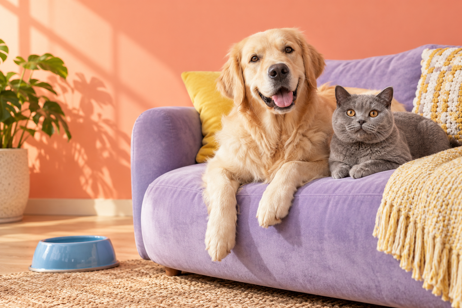 A golden retriever and grey cat relaxing together on a lilac sofa