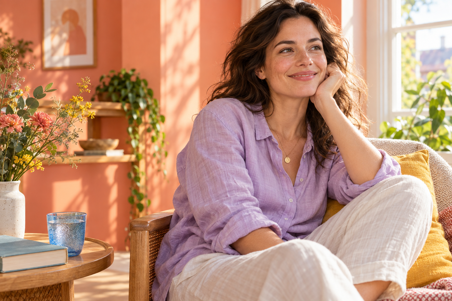 A relaxed woman enjoying a bright, colourful room